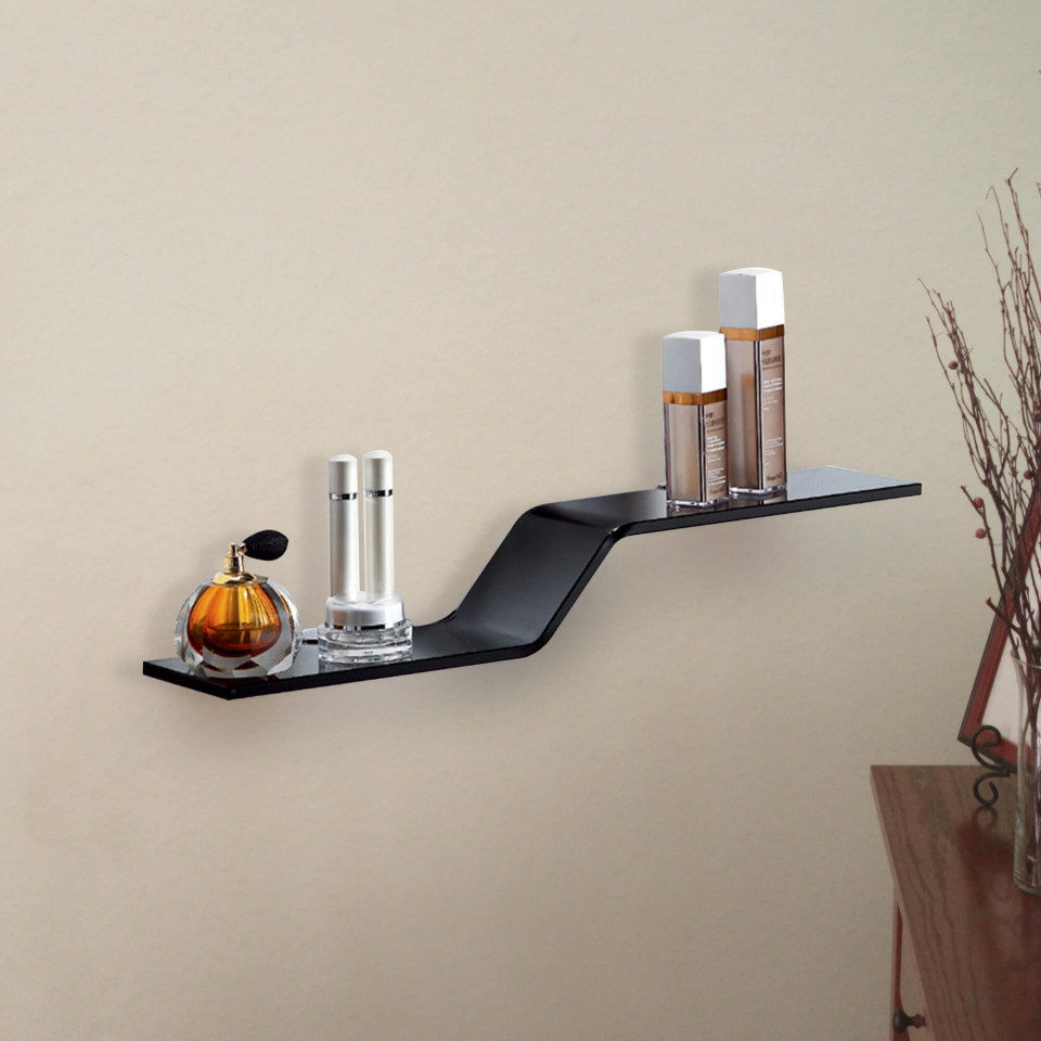 Tinted Bent Glass Shelf Having Items on It