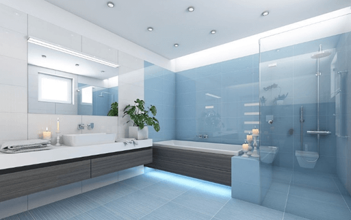 A Luxury Bathroom having a Tempered Glass Backsplash and Shower Enclosure