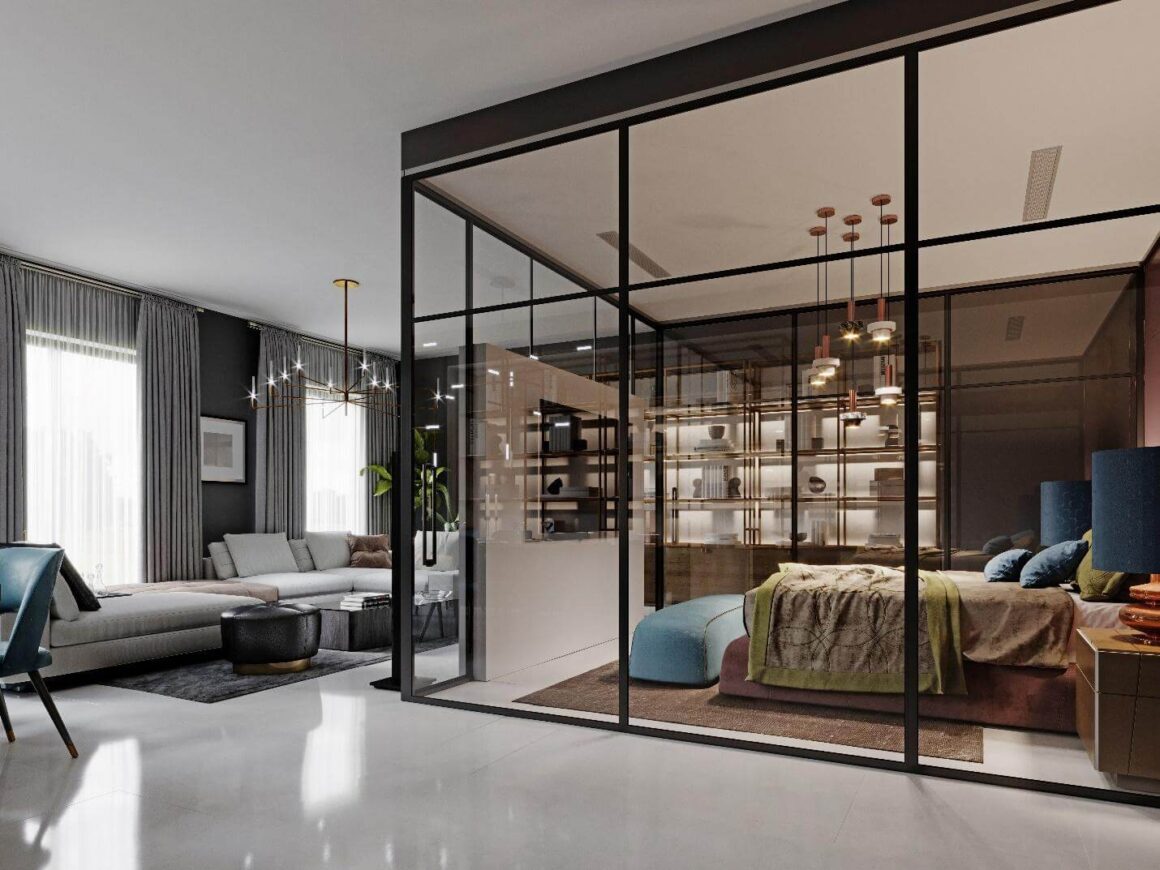 A Studio Apartment has a aGlass Partition for Bed Space