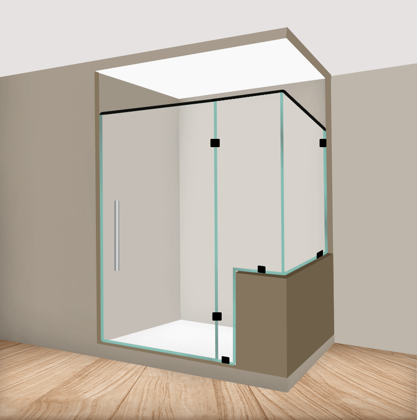 Left Handle Corner Shower With Glass To Glass Hinge On Notched Panel With Return