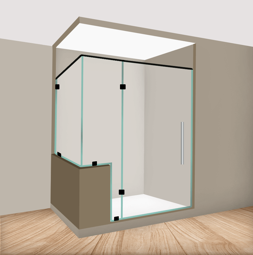 Right Handle Corner Shower With Glass To Glass Hinge On Notched Panel With Return