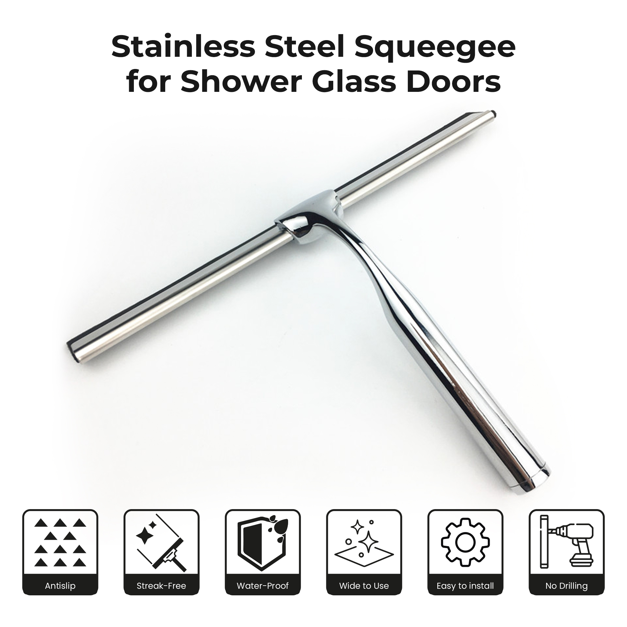 All-Purpose Shower Squeegee for Shower Glass Doors, Window Cleaning, 10”,  Silver 