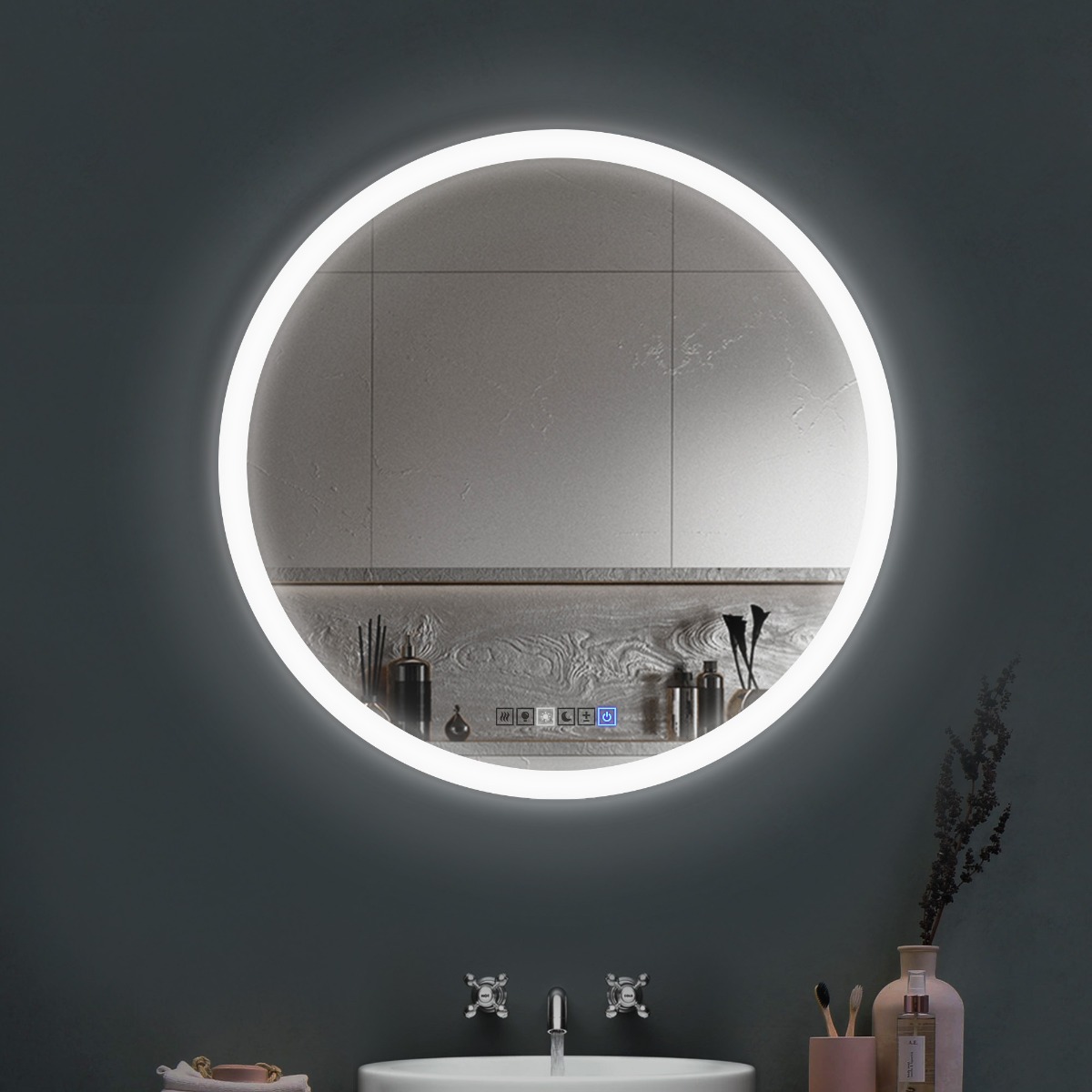 Round Lighted LED Bathroom And Vanity Mirror 28 Inch With Anti Fog